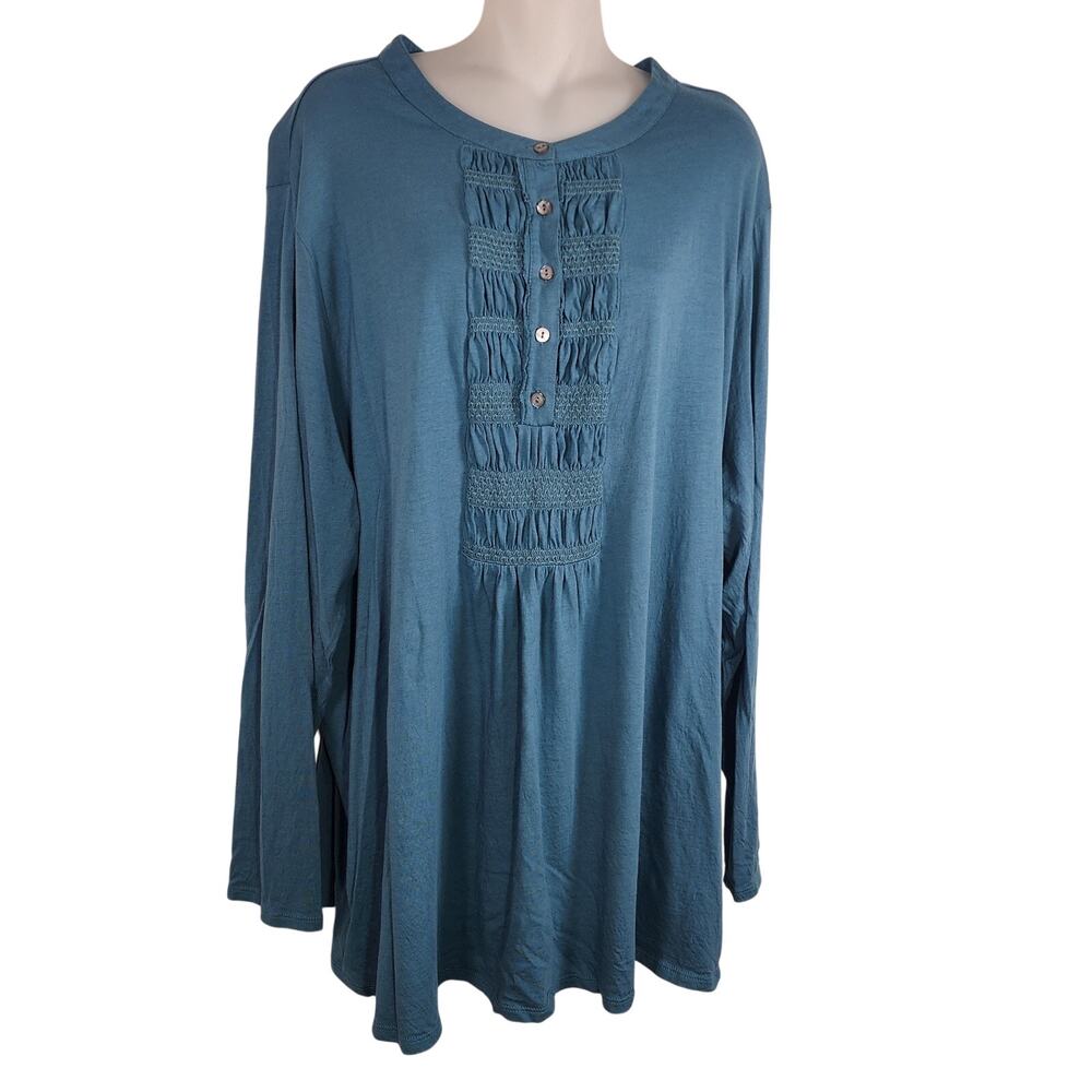 J. Jill Smocked Henley Bib Top Long Sleeve Cotton Modal 4X Teal Peasant Romantic